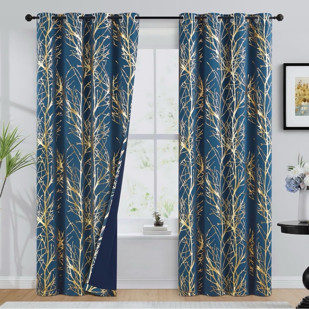 Dark Blue & Gold Foil Branch Window Curtains